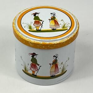 HB Henriot Quimper Yellow Breton Biscuit Tin Massilly France Folk Art 4.5" Round